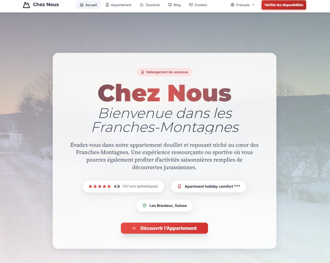 Chez Nous - Vacation rental apartment website in Franches-Montagnes, Switzerland - Fluyon web development project