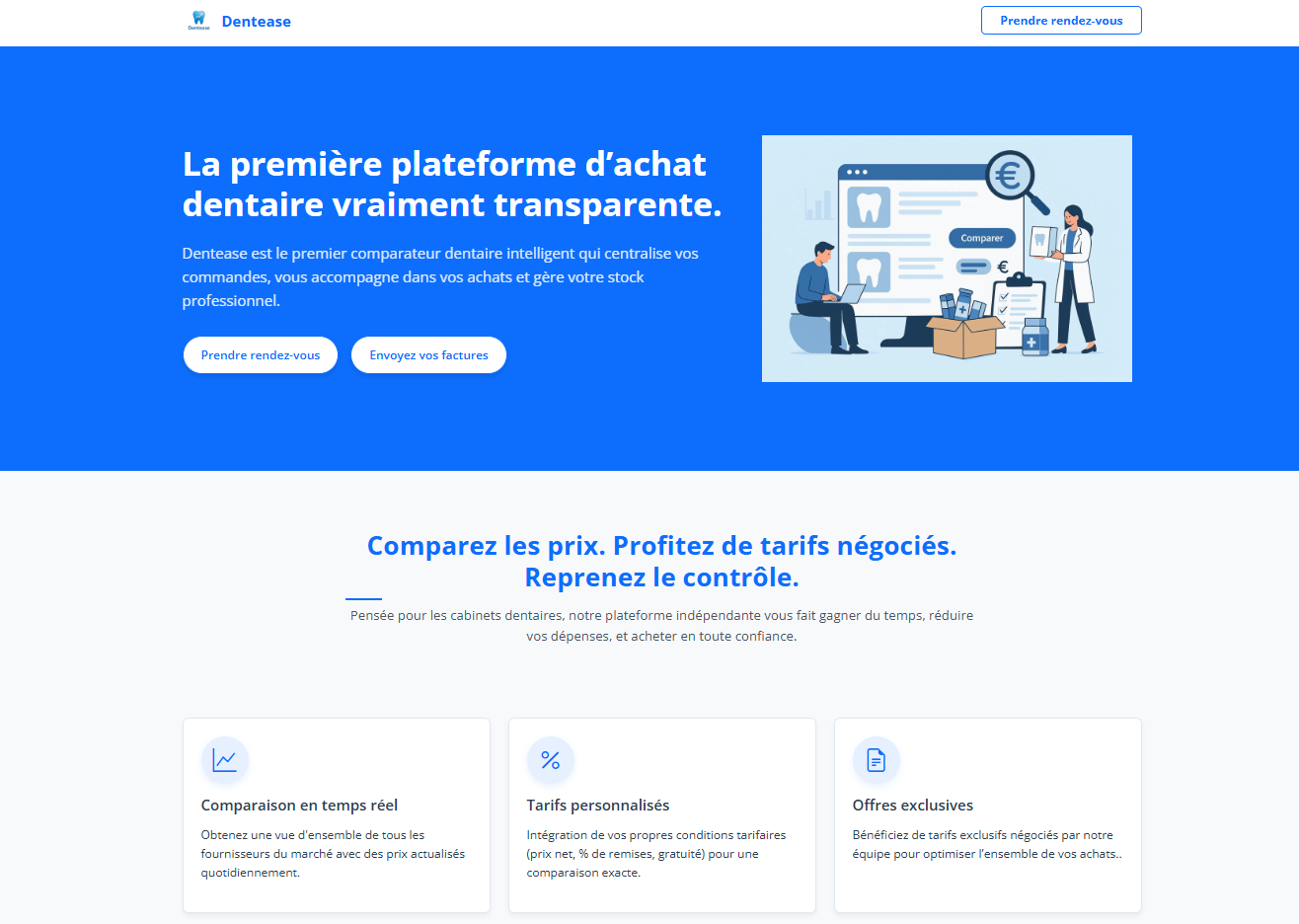 Dentease - Plateforme d’approvisionnement dentaire avec comparaison de prix, gestion des stocks et automatisation des activités pour les cliniques dentaires - Projet de développement web Fluyon