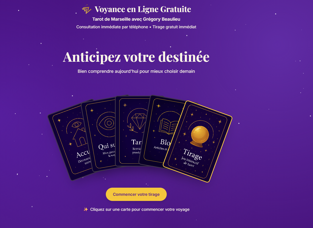 Mavoyance - Plateforme de lecture de tarot en ligne avec des consultations de tarot de Marseille authentiques et un accompagnement spirituel - Projet de développement web Fluyon
